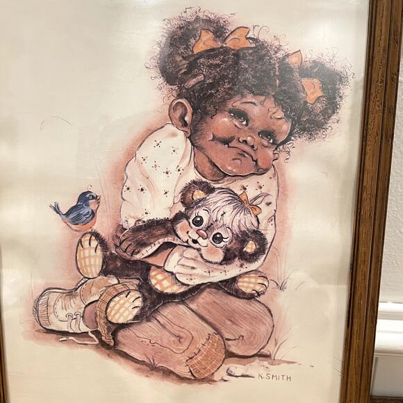 K. Smith African American Girl Art Print Vintage 70s 80s Framed 12.5 x 15.5 - Picture 5 of 9
